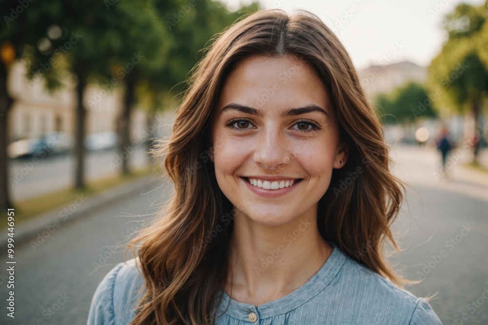 Close portrait of a smiling young Maltese woman looking at the camera, Maltese outdoors blurred background Close portrait of a smiling young Maltese woman looking at the camera, Maltese outdoors blurred background