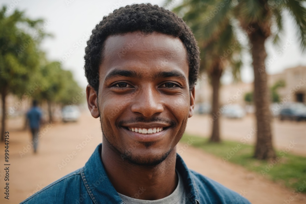 Close portrait of a smiling young Mauritanian man looking at the camera, Mauritanian outdoors blurred background Close portrait of a smiling young Mauritanian man looking at the camera, Mauritanian outdoors blurred background