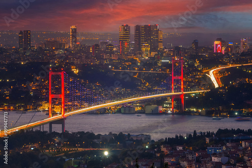Bosphorus Bridge during the sunset, Istanbul. The July 15 Martyr's Suspension Bridge (Bosphorus Bridge)at night in Istanbul, Turkey