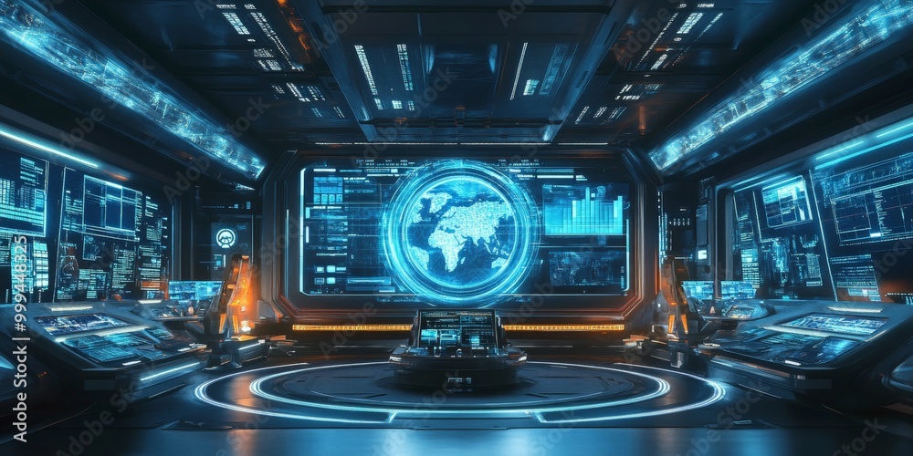 Obraz premium a virtual tour in a futuristic architectural setting, featuring immersive environments, holographic displays, and advanced digital interfaces.