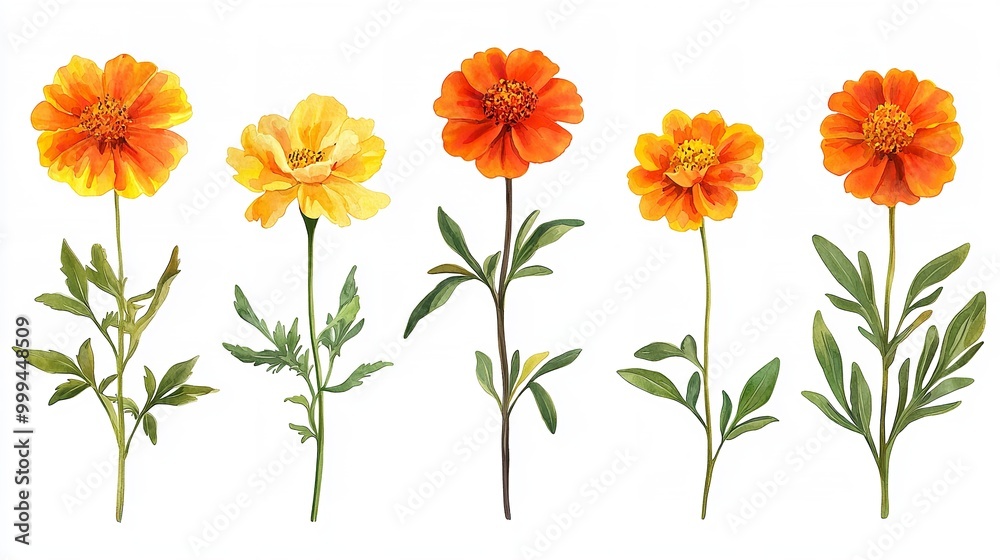 Five Orange Calendula Flowers Isolated on White Background Five Orange Calendula Flowers Isolated on White Background