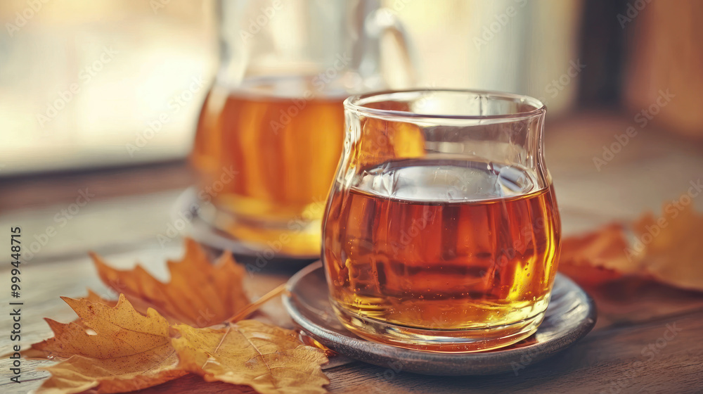 Two glasses of maple syrup with autumn leaves on the background of the window. Seasonal warmth and relaxation on a cosy fall morning, yellow maple falling
