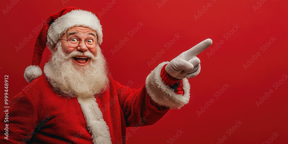 Santa Claus hand points to a red empty background. Christmas promotions, discounts, sale. Copy space. Mock up. Banner Santa Claus hand points to a red empty background. Christmas promotions, discounts, sale. Copy space. Mock up. Banner