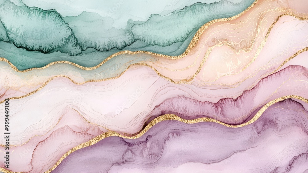 Serene Watercolor Waves with Gold Accents Serene Watercolor Waves with Gold Accents