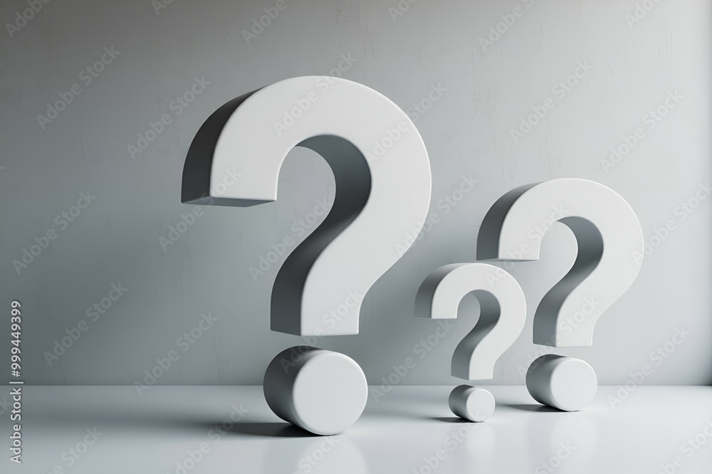 Three white question marks are resting peacefully on a white surface Three white question marks are resting peacefully on a white surface