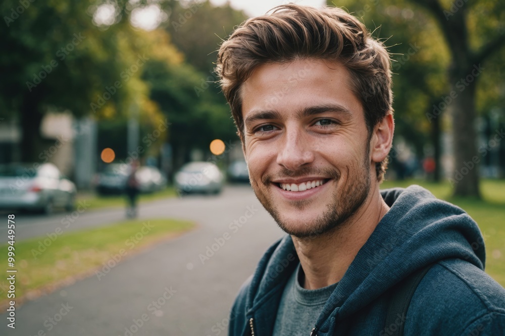 Close portrait of a smiling young New Zealander man looking at the camera, New Zealander outdoors blurred background Close portrait of a smiling young New Zealander man looking at the camera, New Zealander outdoors blurred background