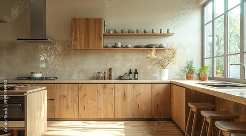 Kitchen in family home. Warm, bright, lived in with a minimalistic design.