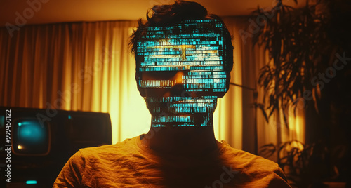 Video projection of analog distorted teletext image projected onto a hallucinating vintage character of a man. The projection is overlaid onto his appearance, blurring and contorting it.