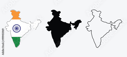 Indian map flag icon set. Set of maps of India. Flag on the map. Silhouette of the card. Vector illustration on white background.
