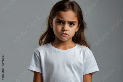 Portrait of frowning cover girl kid model 6 year old in white t-shirt expression emotion, angry looking at camera. Scowl child posing at black, studio shot. Kids emotional concept. Copy ad text space