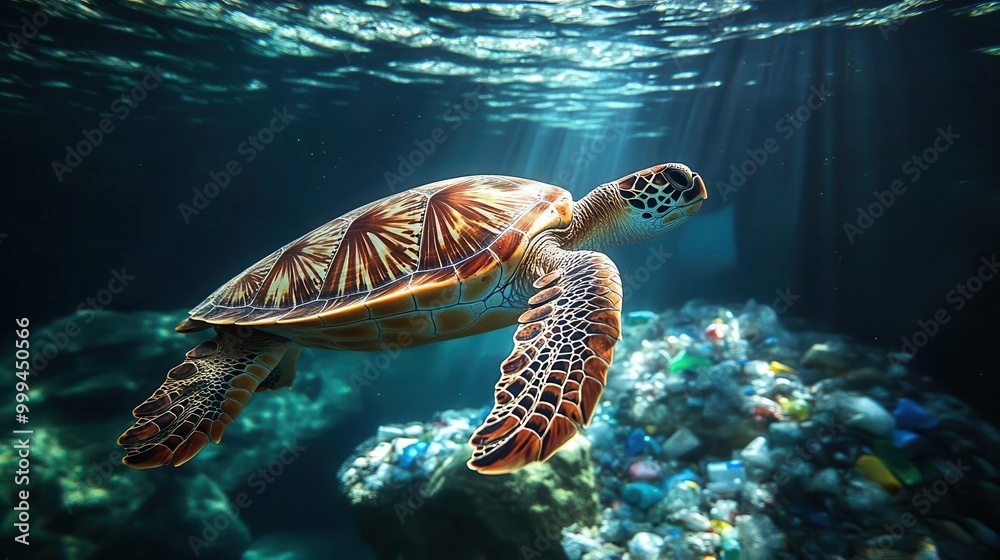 Fototapeta premium A vibrant sea turtle gracefully swims through clear waters, surrounded by colorful coral and illuminated by sunbeams.