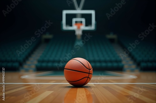 A basketball rests on a wooden court by a basketball hoop