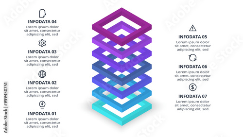 3D vector infographic pyramid, or comparison chart with 7 colorful levitating layers. Realistic infographic template.
