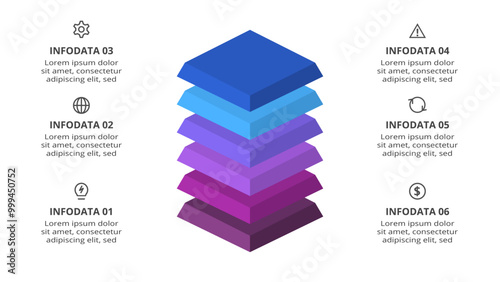 3D vector infographic pyramid, or comparison chart with 6 colorful levitating layers. Realistic infographic template.