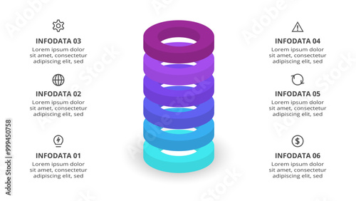3D vector infographic pyramid, or comparison chart with 6 colorful levitating layers. Realistic infographic template.