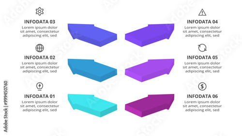 3D vector infographic pyramid, or comparison chart with 6 colorful levitating layers. Realistic infographic template.