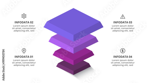 3D vector infographic pyramid, or comparison chart with 4 colorful levitating layers. Realistic infographic template.
