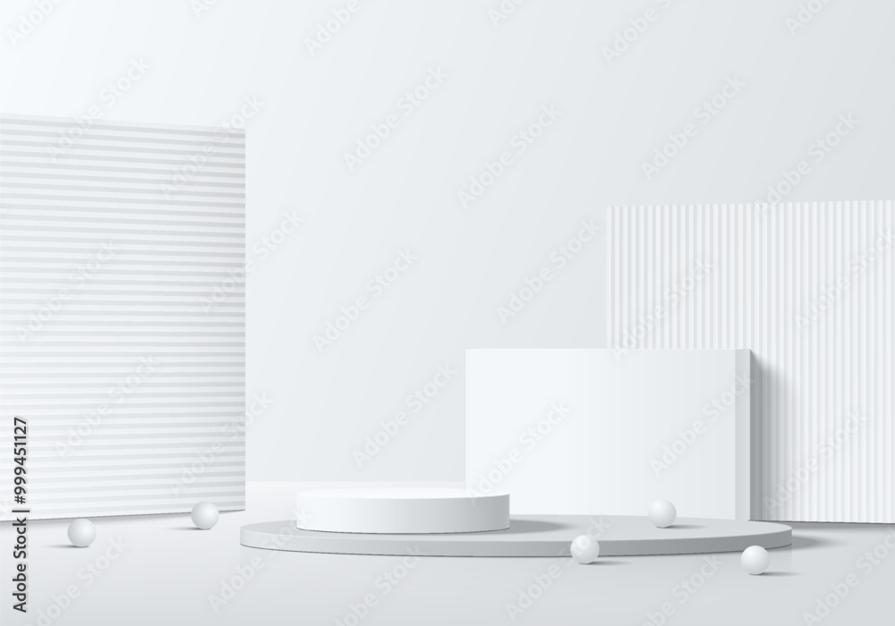 Realistic 3D white cylinder podium background with white serrated partitions backdrop scene. Minimalist mockup pedestal, Abstract product display presentation, Stage showcase. Platforms vector design. Realistic 3D white cylinder podium background with white serrated partitions backdrop scene. Minimalist mockup pedestal, Abstract product display presentation, Stage showcase. Platforms vector design.