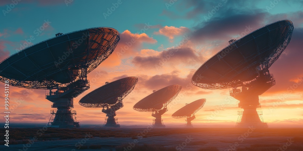 a radio telescope array scanning the skies, with parabolic dishes aimed at the heavens, detecting cosmic signals. a radio telescope array scanning the skies, with parabolic dishes aimed at the heavens, detecting cosmic signals.