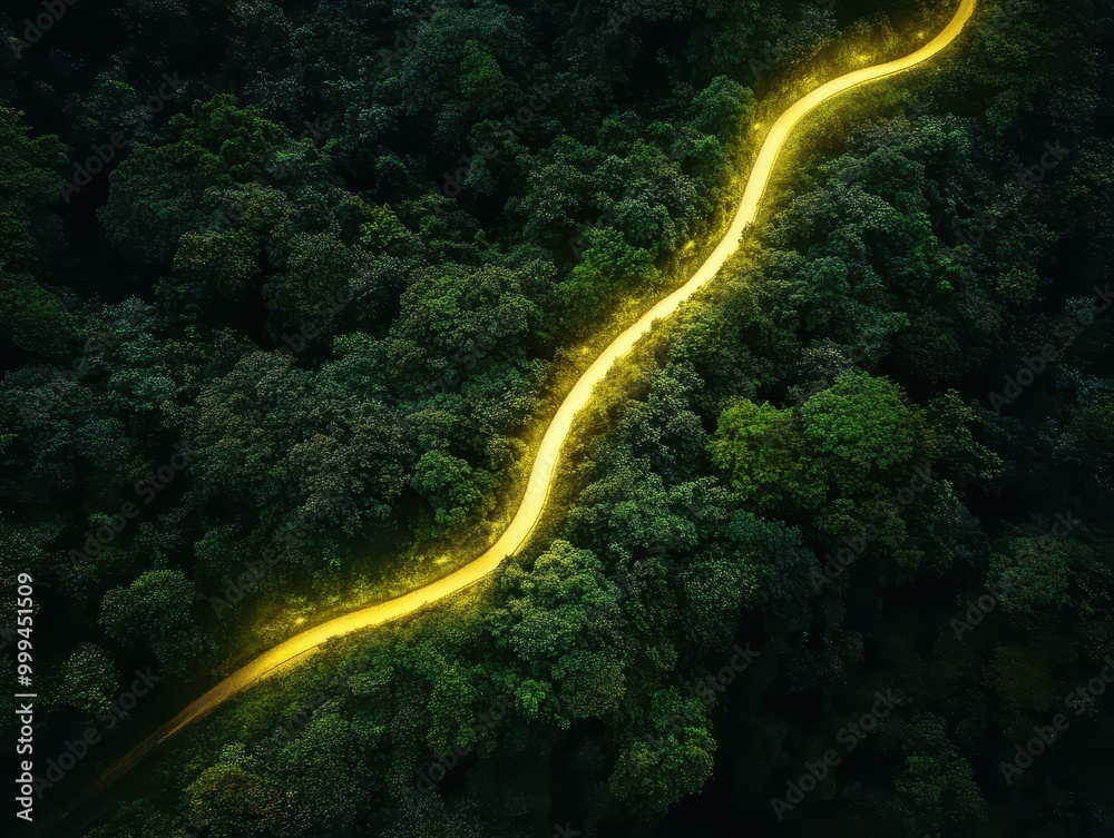 A winding, illuminated path meanders through a lush, green forest, creating a striking contrast between nature and light. A winding, illuminated path meanders through a lush, green forest, creating a striking contrast between nature and light.