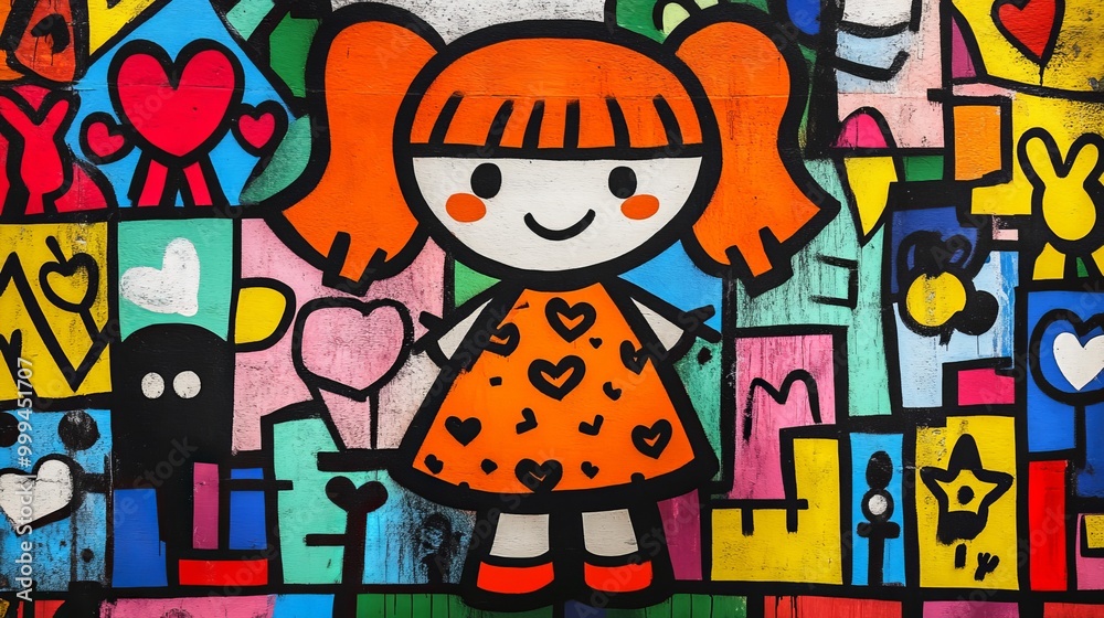 Vibrant street art of a happy girl in a heart dress and orange hair Vibrant street art of a happy girl in a heart dress and orange hair