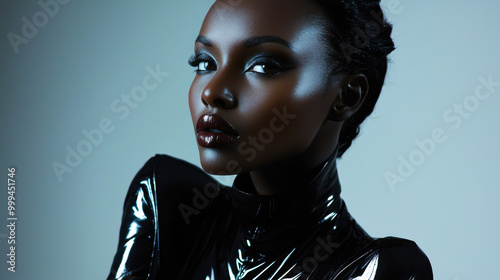 Portrait of a Beautiful Black Woman with Intense Gaze and Shiny