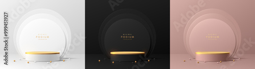 Set of silver, black and pink gold 3d cylindrical podium background with overlap circles backdrop scene. Abstract minimal mockup Product display presentation, Stage showcase. Platforms vector design.