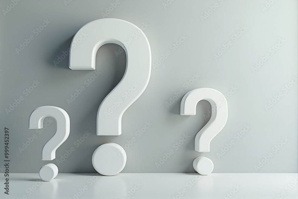 Three white question marks on a table by a gray wall Three white question marks on a table by a gray wall