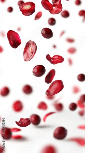 Floating Cranberry Seeds and Whole Cranberries on White Generative AI