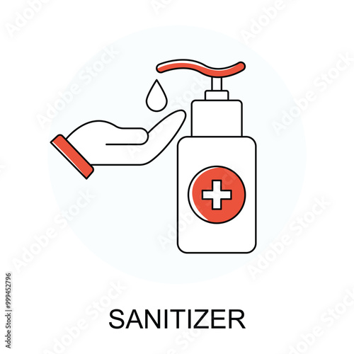 Vector icon for Sanitizer. Hand using sanitizer bottle representing hygiene and health safety measures.