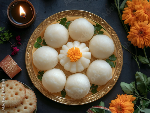 Bhai Dooj offering featuring a plate of Rasgulla sweets photo