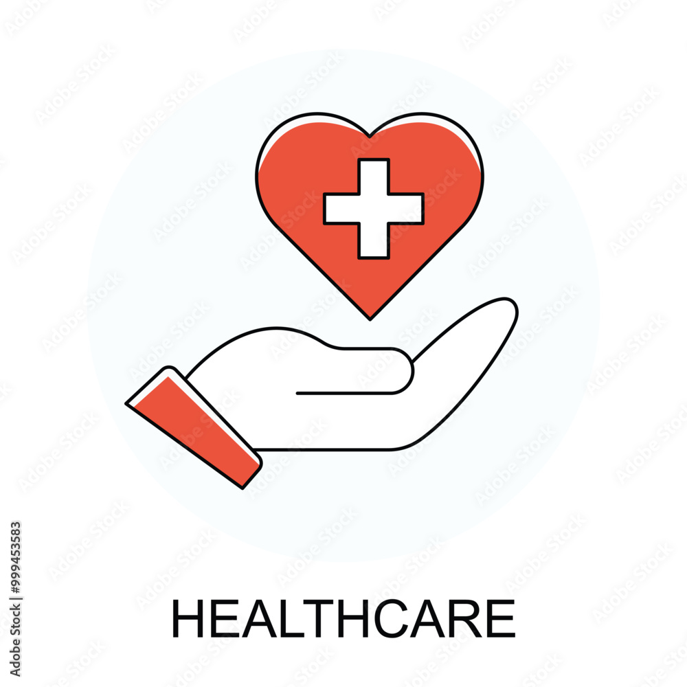 Obraz premium Vector icon for Healthcare. Hand holding a heart symbol with a cross to represent medical services and health support.