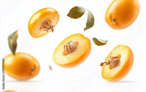 Ripe Apricot Halves Floating with Leaves Generative AI