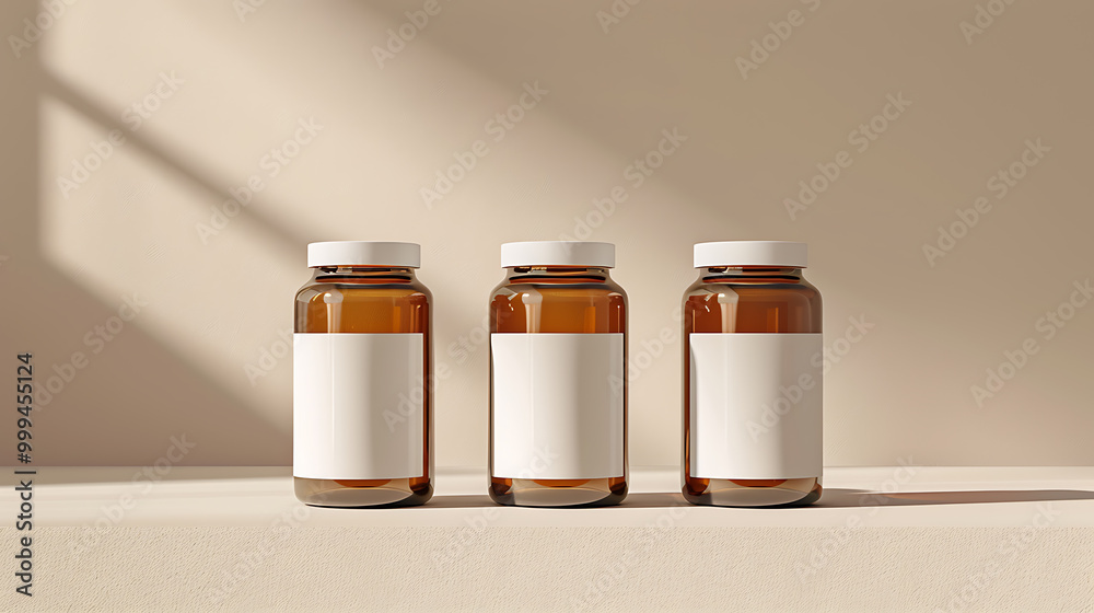 Three amber glass bottles with white labels sit on a table in a warm, minimalist setting. The sunlight casts soft shadows, highlighting the simple beauty of the objects. Three amber glass bottles with white labels sit on a table in a warm, minimalist setting. The sunlight casts soft shadows, highlighting the simple beauty of the objects.