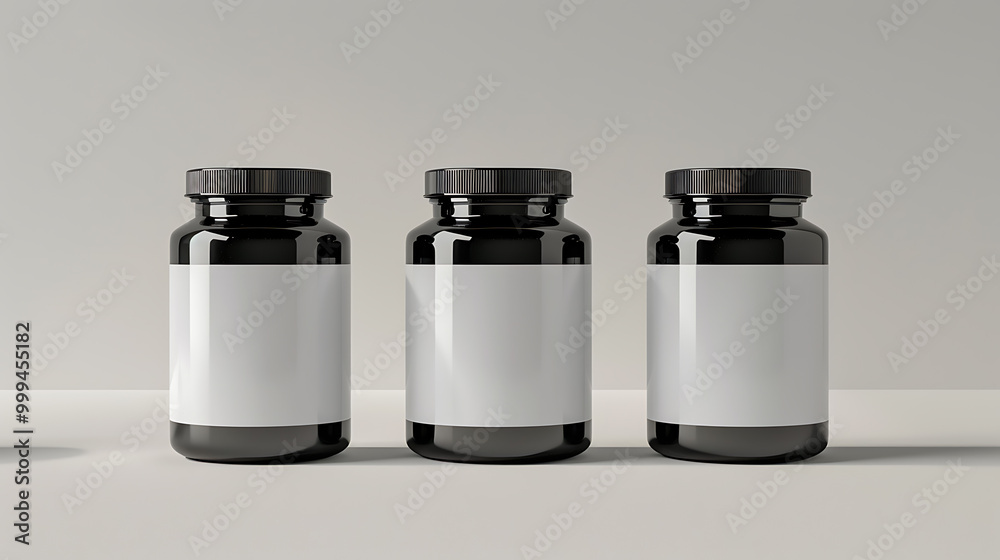 Three black pill bottles with white labels, arranged in a row on a white surface, ready for your product design. Three black pill bottles with white labels, arranged in a row on a white surface, ready for your product design.