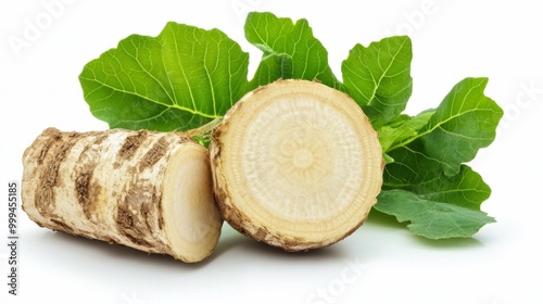 Horseradish Root and Leaves Isolated on White Background Generative AI