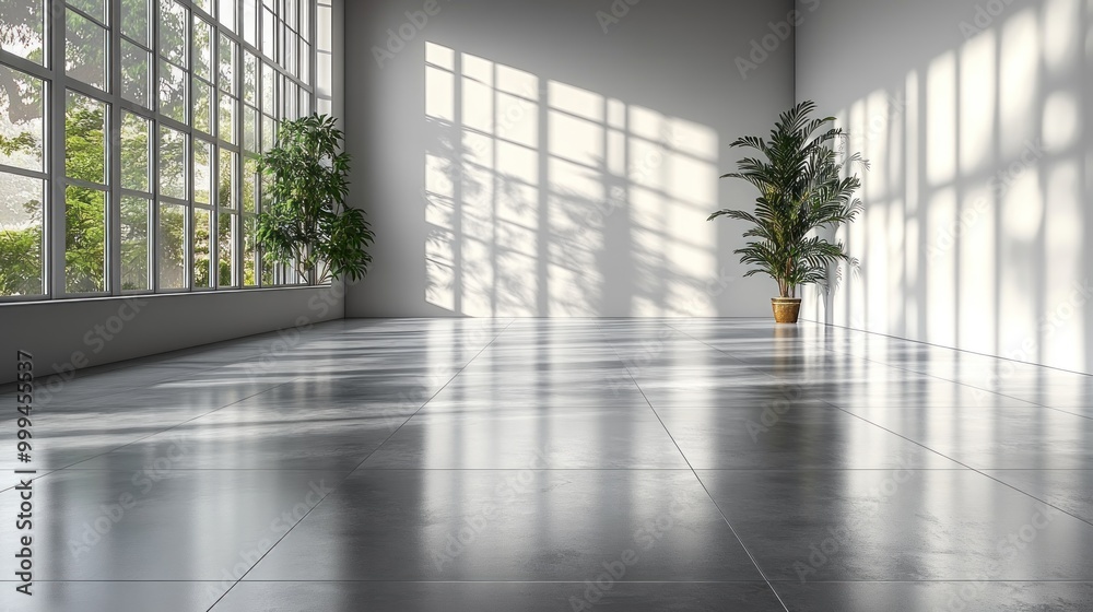 Spacious room with large windows and indoor plants. Spacious room with large windows and indoor plants.