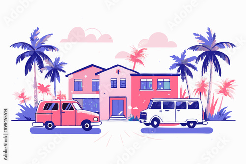 Tropical Suburban Lifestyle Illustration with Family Van and Modern House