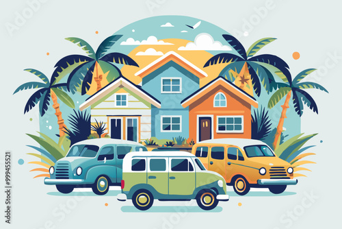 Tropical Vacation Home with Vintage Cars Illustration