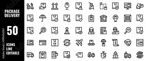 50 Package Delivery Icons Set Pack Line Editable Vector Illustration