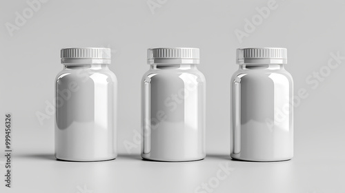 Three white, empty pill bottles stand in a row against a gray background. Perfect for your health and wellness product mockups.