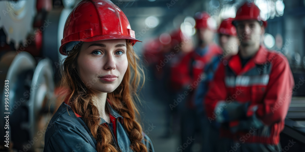 Naklejka premium A group of factory workers in uniform, standing in a factory, all smiling.