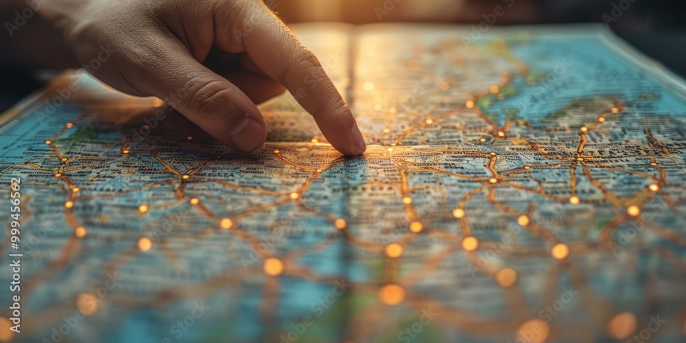 A map with a finger pointing to a destination, symbolizing decisions in travel and life direction. A map with a finger pointing to a destination, symbolizing decisions in travel and life direction.