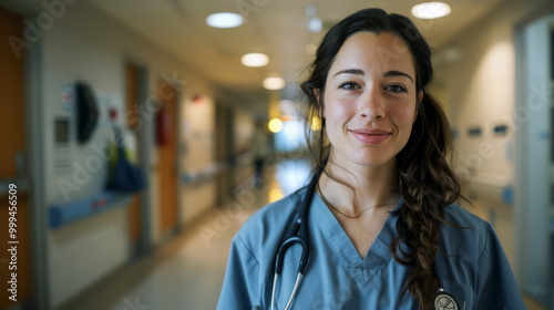 Free Download A female nurse in scrubs with a stethoscope around her neck, standing in a hospital corridor, smiling . - GFXLoad