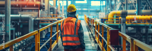 A lone figure in a safety vest stands on a catwalk overlooking the factory floor, surveying the industrial landscape below. photo