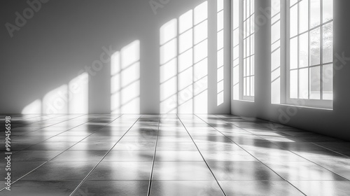 A sunlit interior with shadows cast on polished tiles.