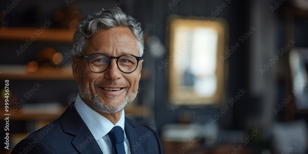 Fototapeta premium Mature professional in a suit and tie, grinning widely while.