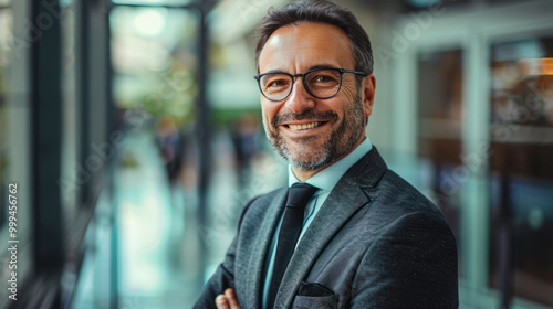 Mature professional in a suit and tie, grinning widely while.