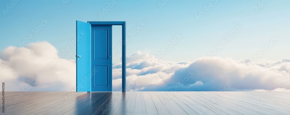 A blue door opens to a serene sky above clouds, symbolizing new beginnings and opportunities in a peaceful environment. A blue door opens to a serene sky above clouds, symbolizing new beginnings and opportunities in a peaceful environment.