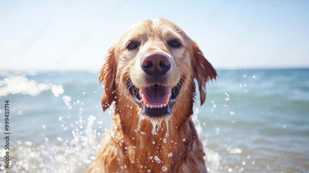 A cheerful golden retriever plays joyfully in the ocean waves, showcasing its happiness and love for the water.